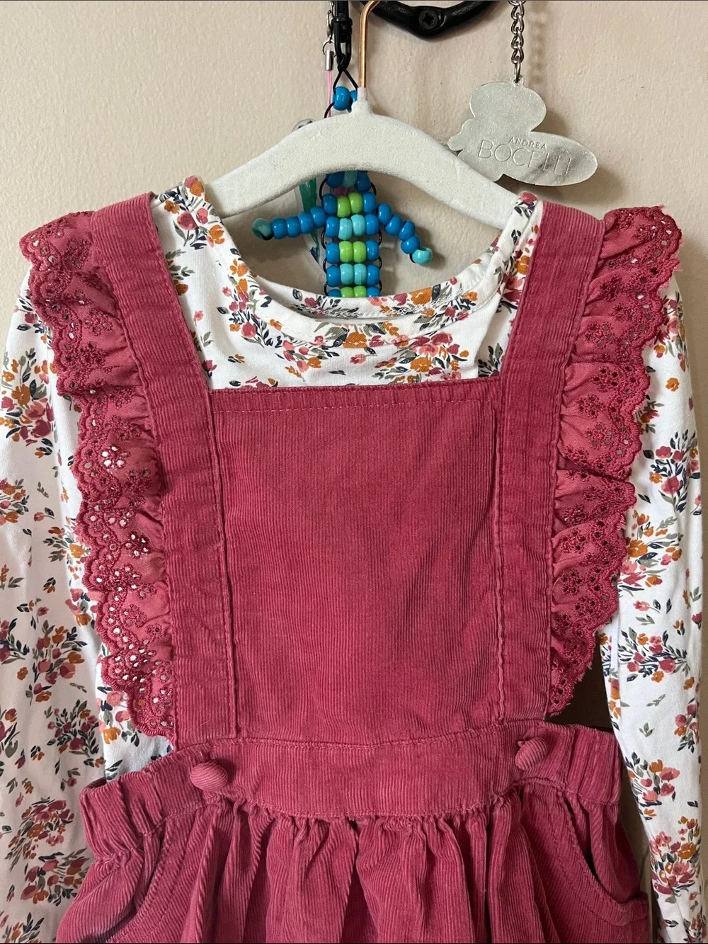 Shabby Chic Burgundy Corduroy Pinafore Dress with Floral Top